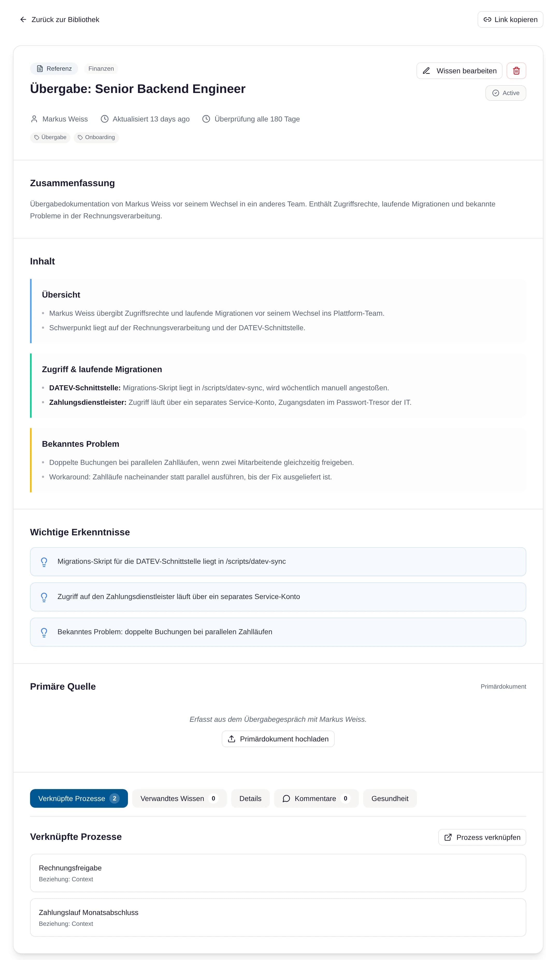 Die Übergabe eines ausscheidenden Senior Engineers — als geprüfte, verknüpfte Wissenskarte gesichert.