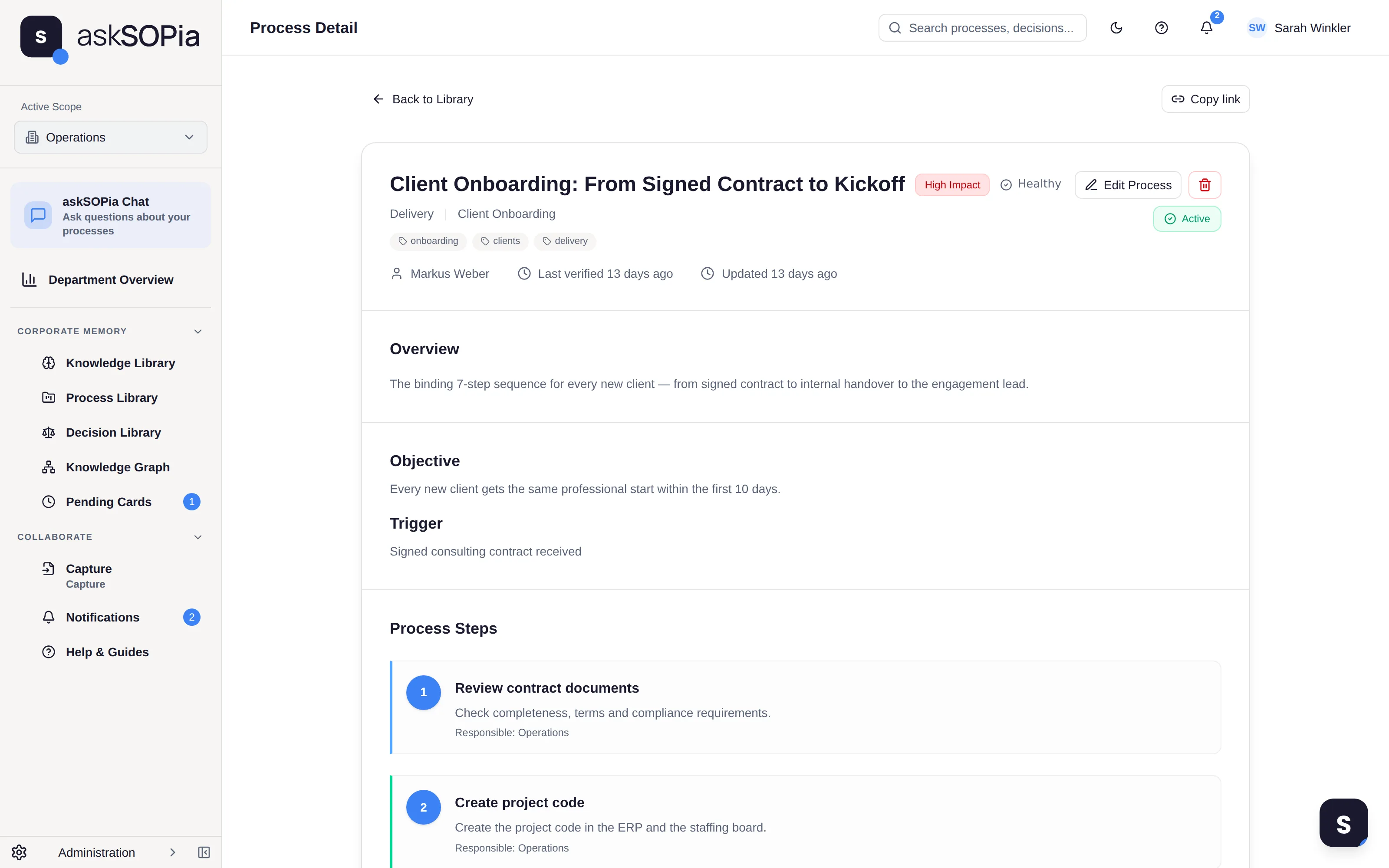 An extracted SOP in askSOPia: steps, roles, risks, verification status.