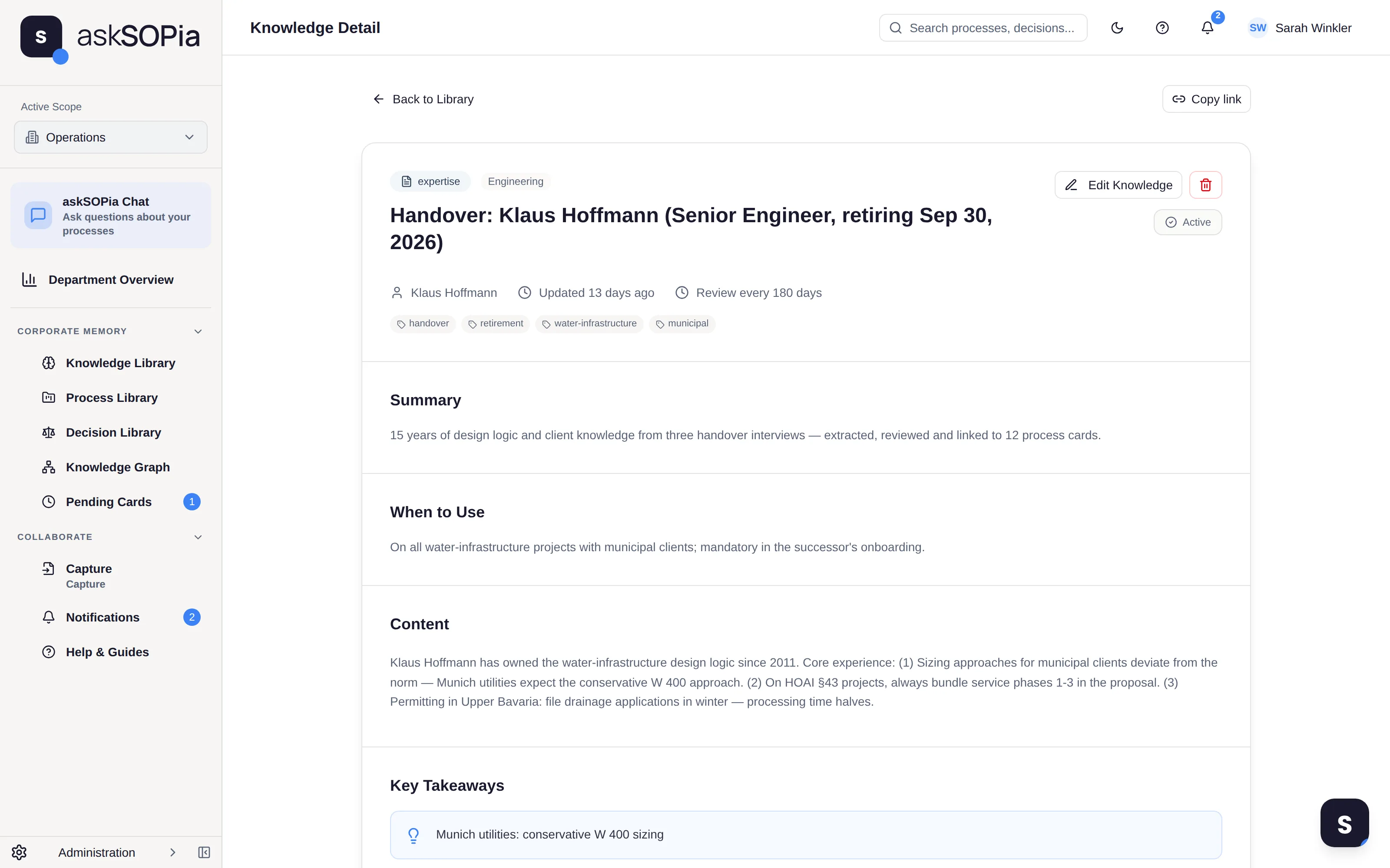 A retiring senior engineer's handover as a verified knowledge card — extracted from three interviews.