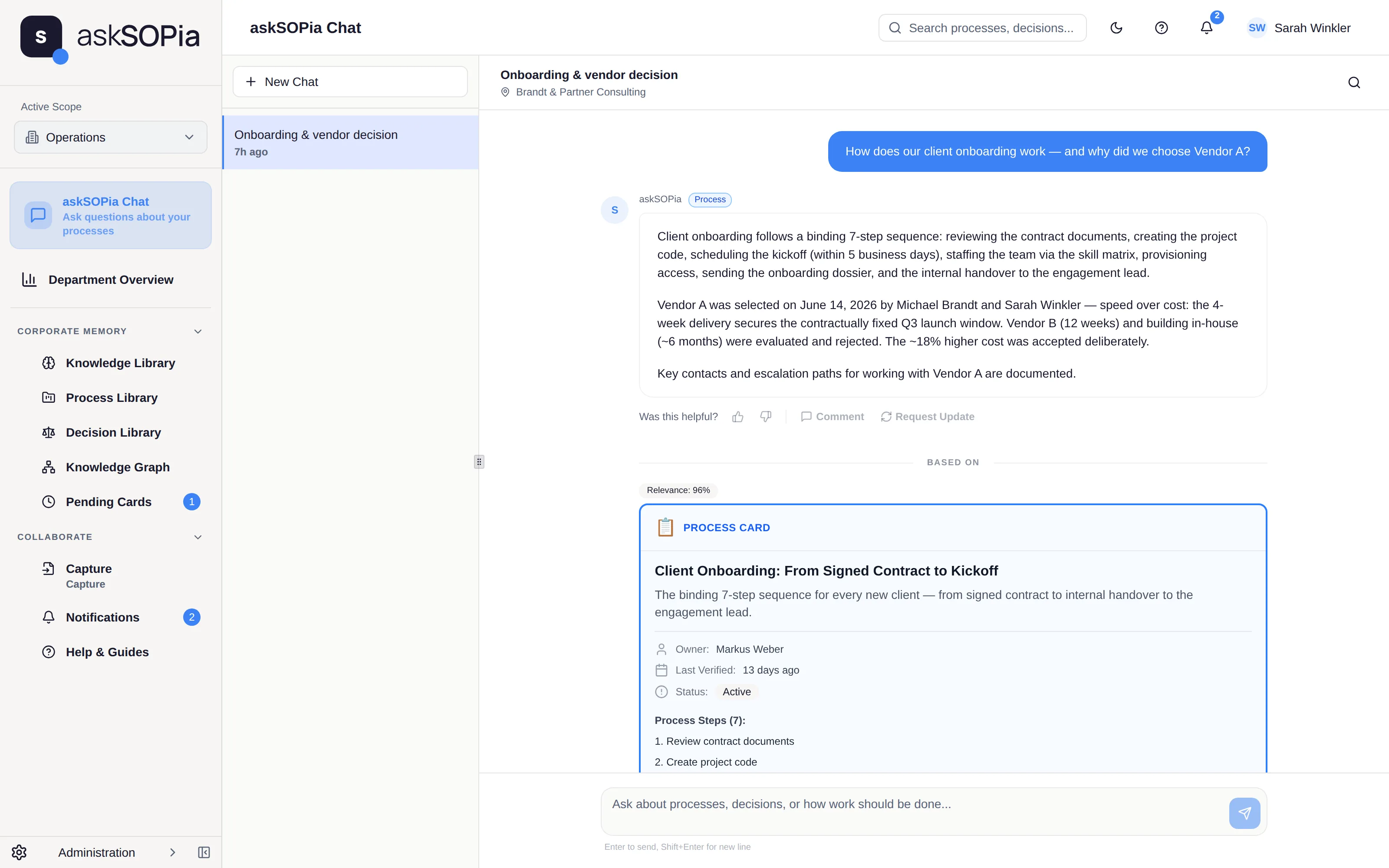 The decision is queryable in chat — with a citation instead of a memory gap.