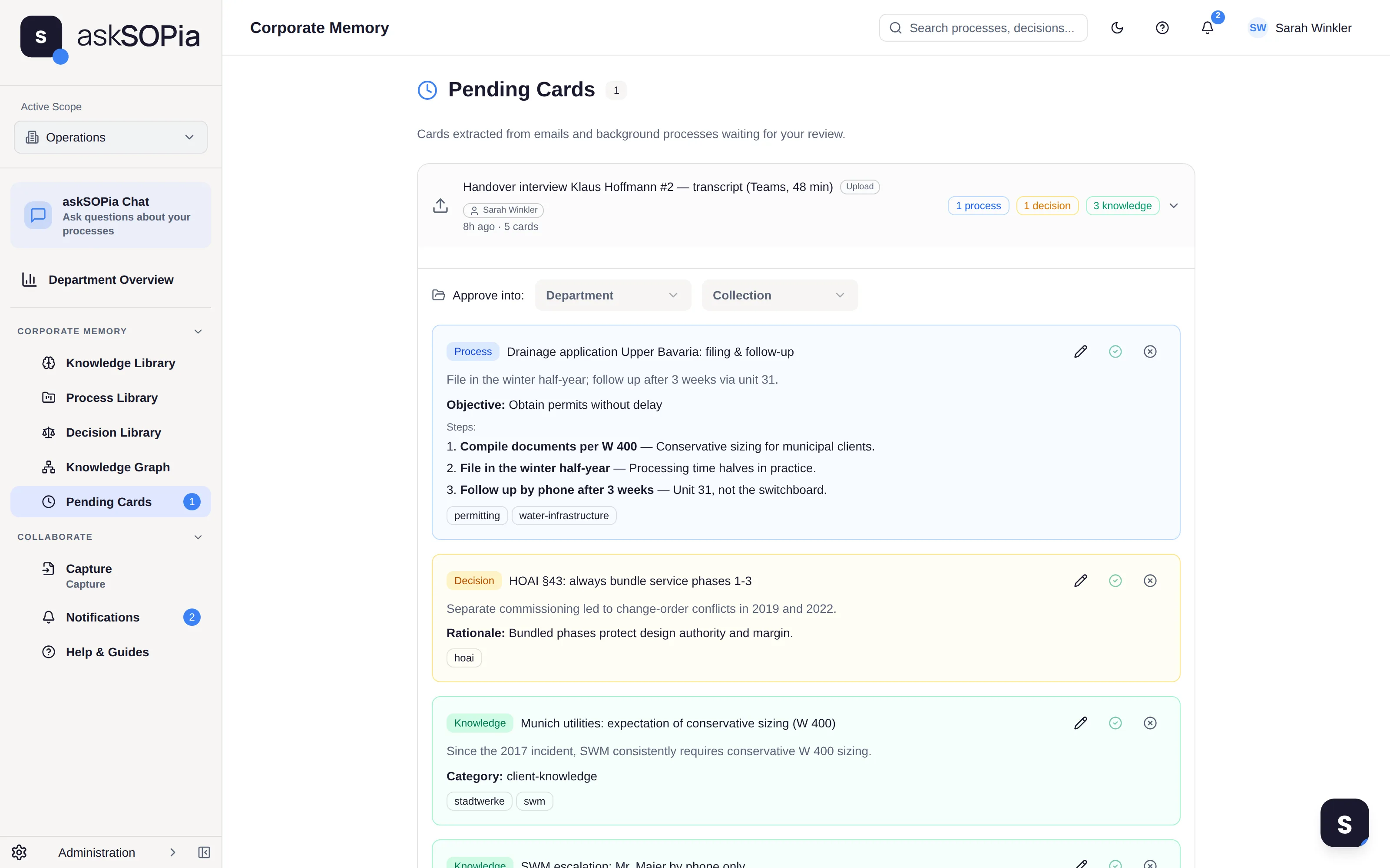 One handover interview becomes 5 cards automatically: processes, decisions, knowledge.