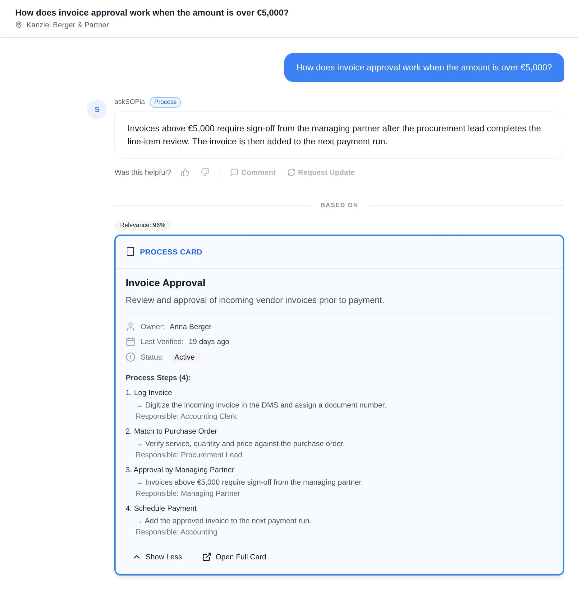 The decision is queryable in chat — with a citation instead of a memory gap.