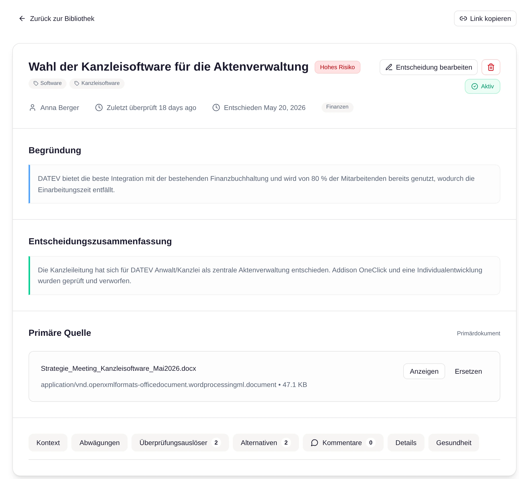 askSOPia decision card — rationale, alternatives and review triggers preserved