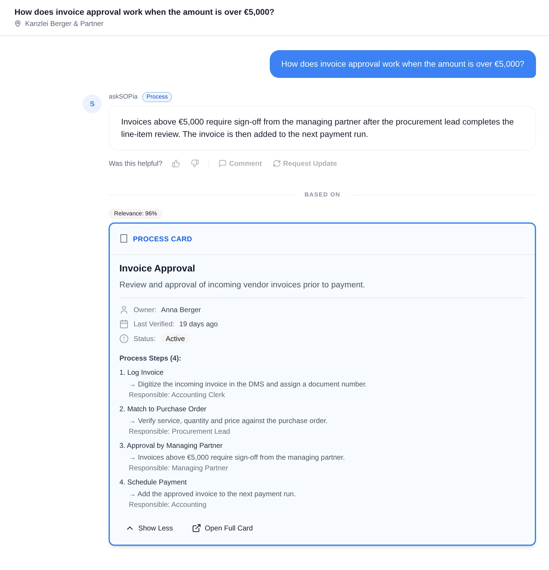 askSOPia chat with citations — cited answers from your knowledge base