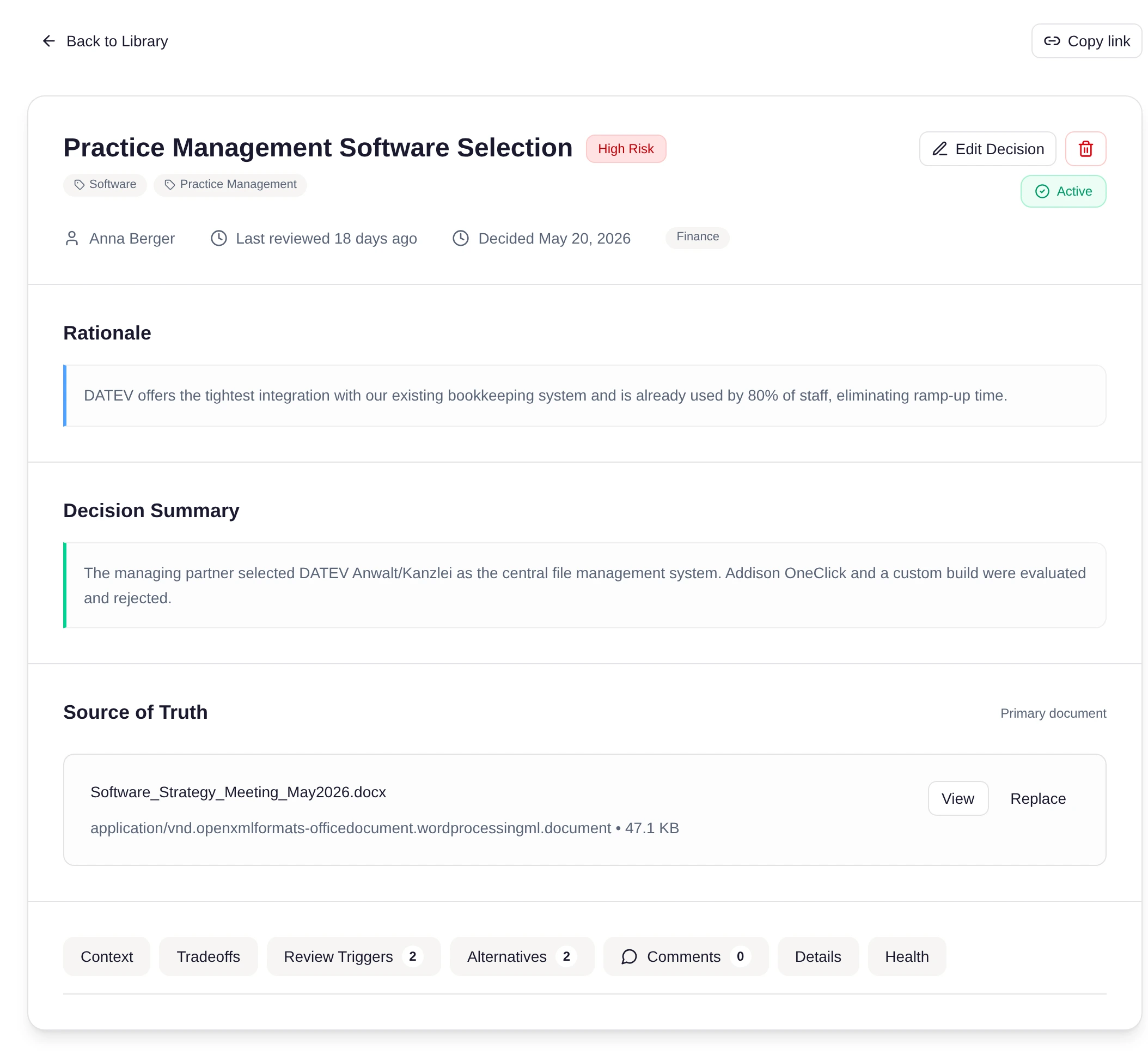 askSOPia decision card — rationale, alternatives and review triggers preserved